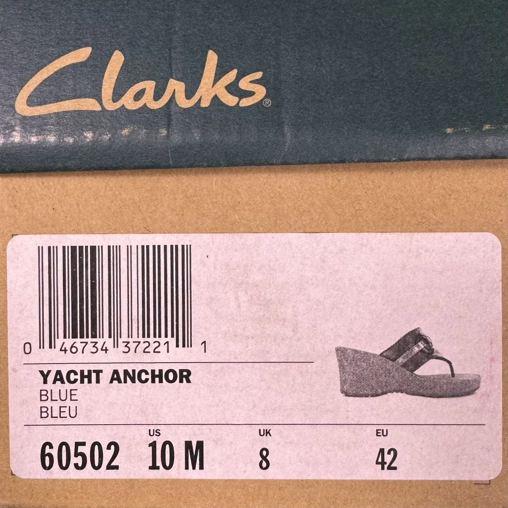 Clarks Women's Yacht Anchor Cork Wedge Flip Flop Sandals Size 10M Blue With‎ Box